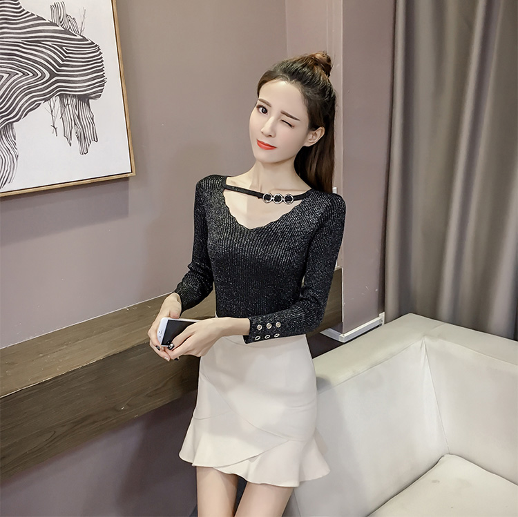 Mùa xuân 2019 mới khí chất lụa sáng màu hàng đầu phiên bản Hàn Quốc của áo sơ mi giảm béo mỏng tay áo len cổ chữ V áo len kiểu