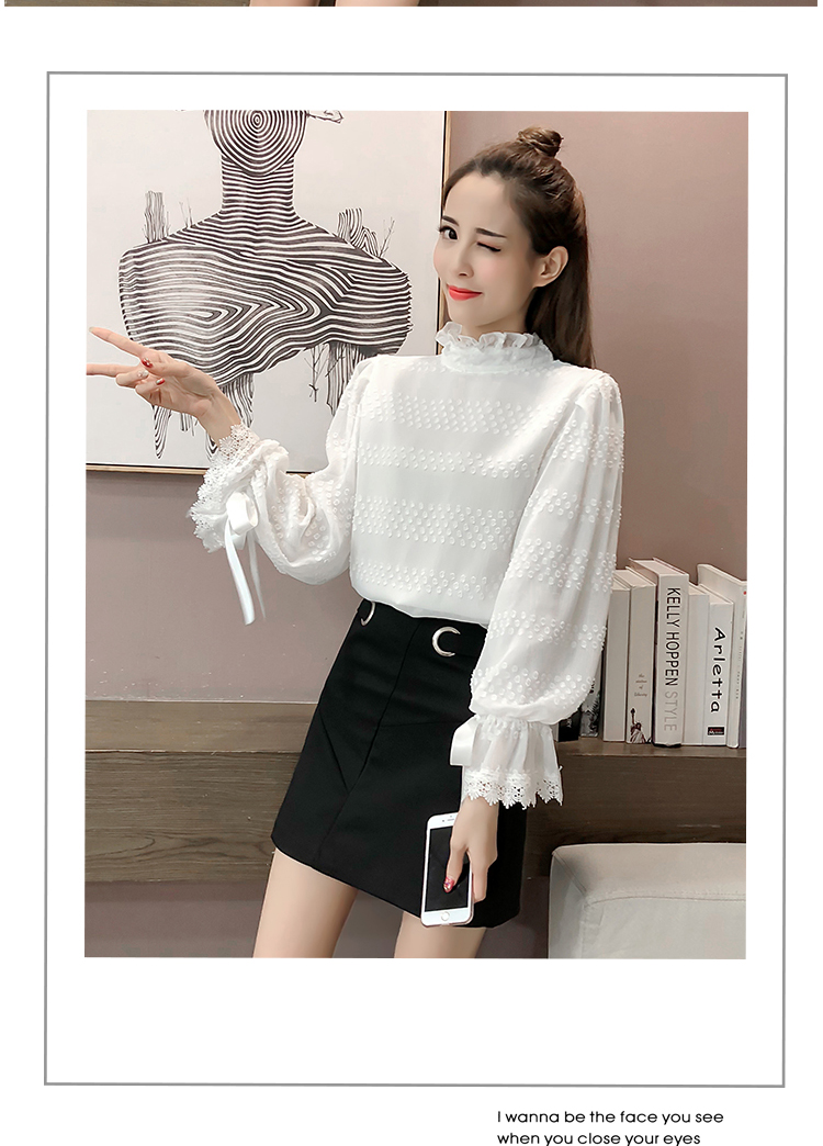 2018 mùa thu Hàn Quốc khí đèn lồng tay áo nửa cao cổ áo ren khâu voan áo sơ mi nữ lỏng mỏng đáy áo sơ mi áo sơ mi xám