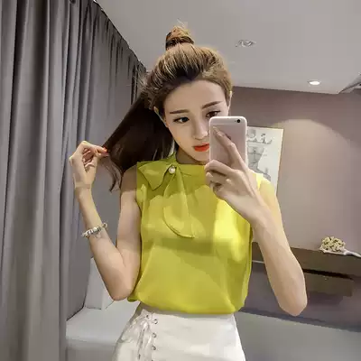 2021 summer new Korean version of fresh sleeveless outer wear vest women round neck bow top loose chiffon shirt