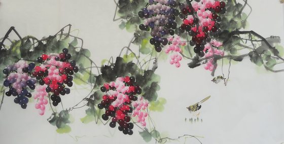 Grape flower and bird Chinese calligraphy and painting living room decoration hanging painting special price four feet frameless hand-painted rice paper painting HL21013064