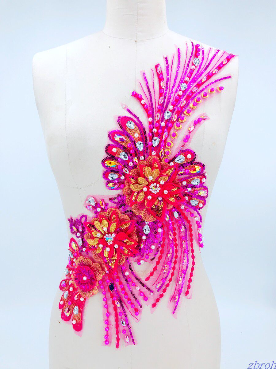 Rose red handmade beaded rhinestones three-dimensional lace flower wedding dress costumes applique lace DIY accessories