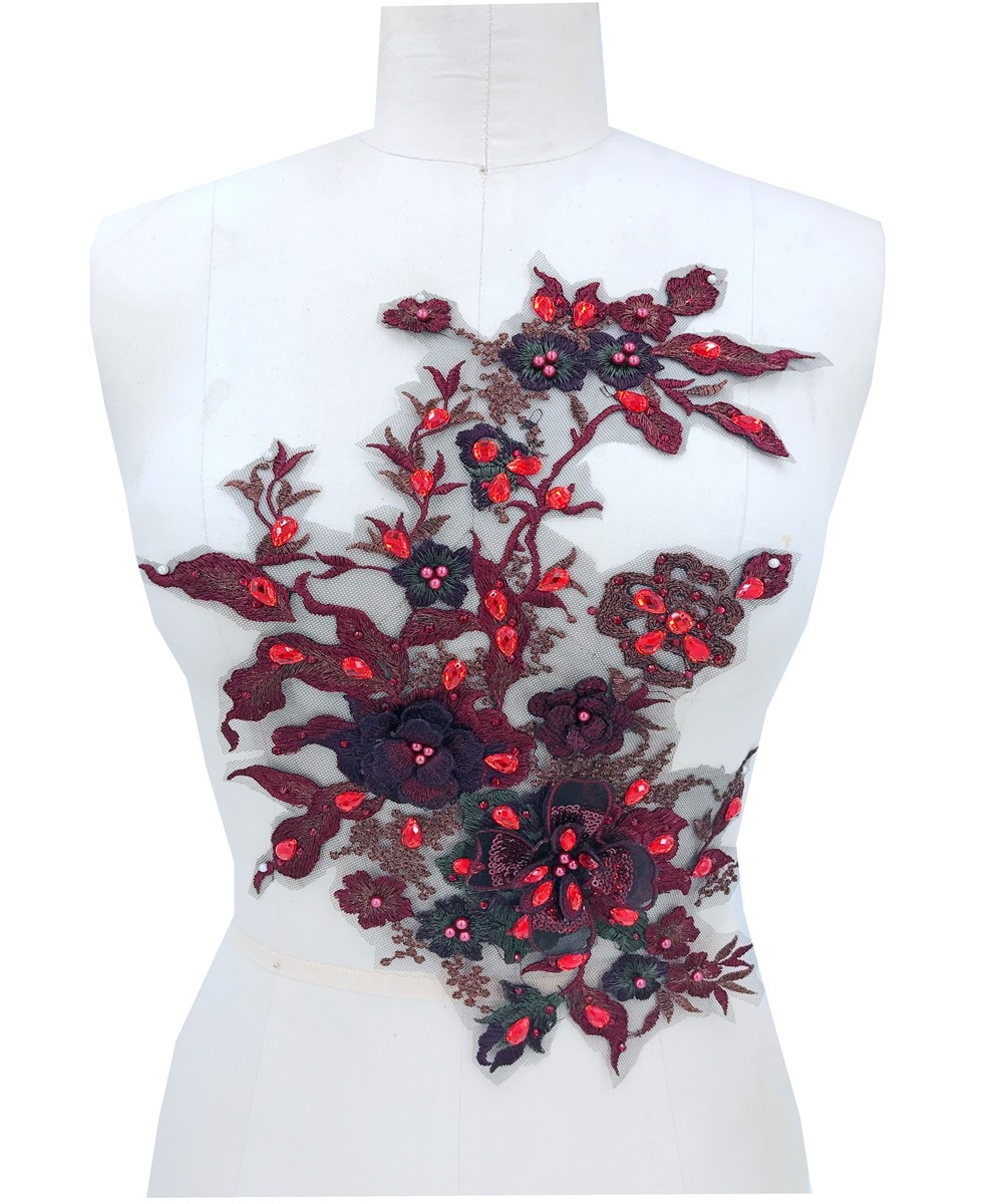 Wine red 3D three-dimensional lace applique beaded rhinestone lace DIY dress children's clothing fabric fabric mesh lace