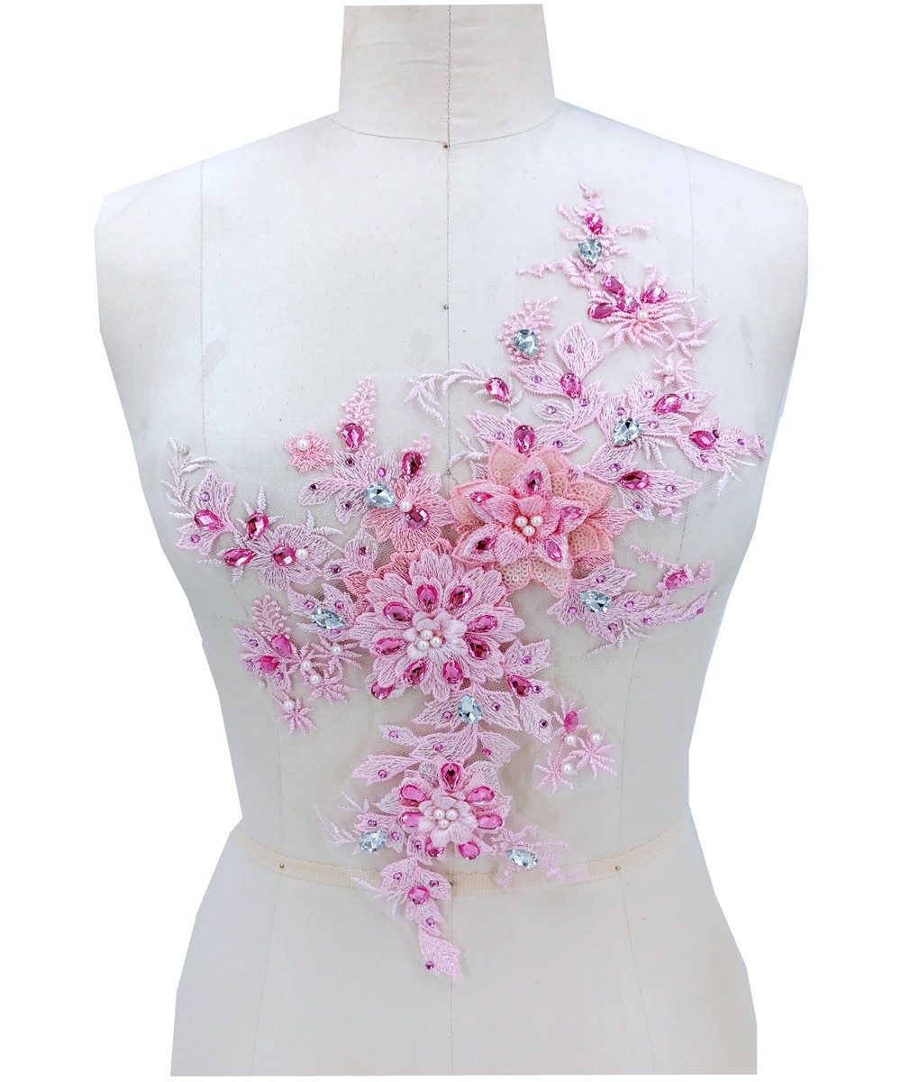 Pink lace three-dimensional beaded lace rhinestone applique wedding dress children's clothing DIY decorative accessories 37x24cm