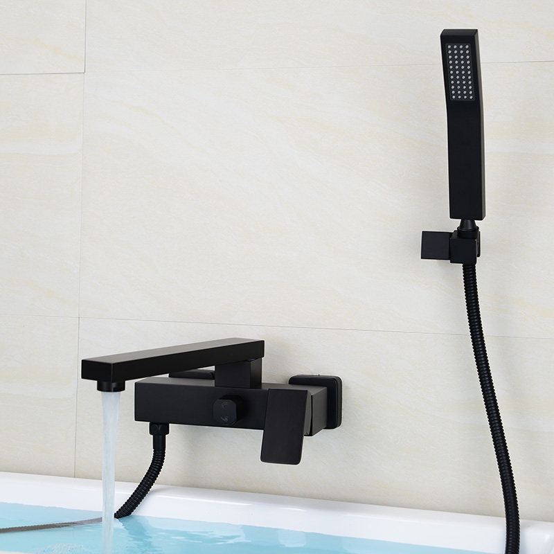 Full copper hot and cold wood barrel triple bathtub side tap rotating black lengthened mouth bathtub tap water mixing valve shower head