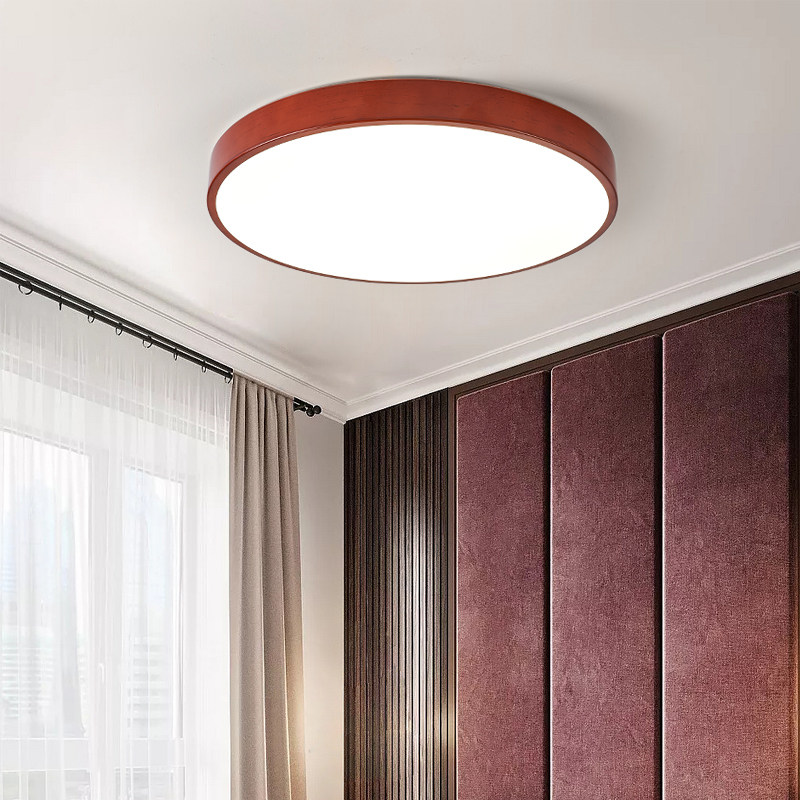 New Chinese style LED ceiling light red wood grain color round bedroom living room light modern minimalist Nordic study dining room light