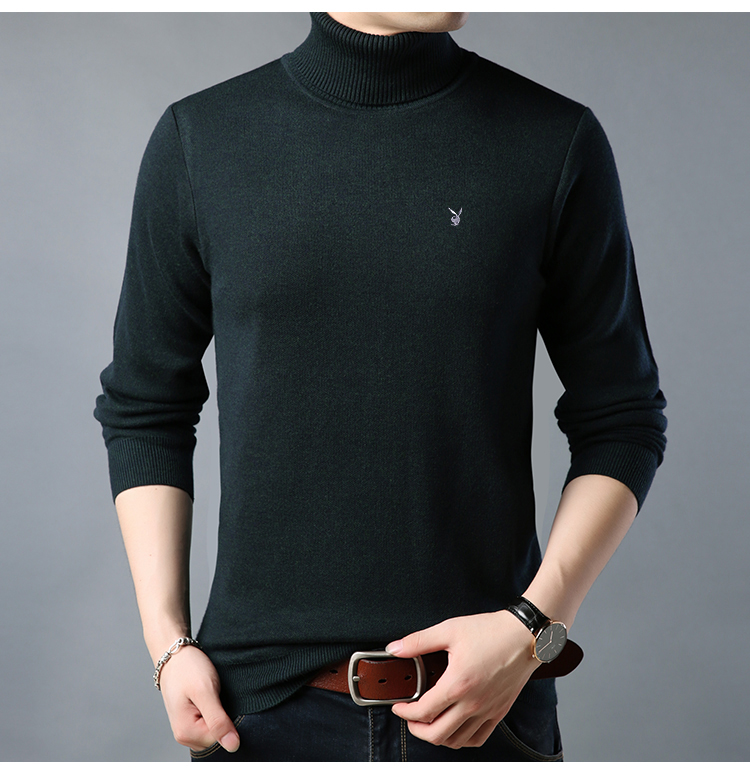 Áo len mùa đông Playboy Áo len cao cổ nam Áo len đen Slim Fit Plus nhung dày áo len ấm áp ao thun nam