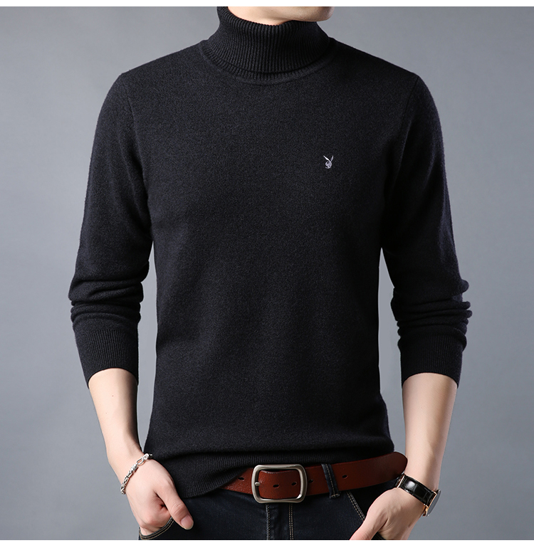 Áo len mùa đông Playboy Áo len cao cổ nam Áo len đen Slim Fit Plus nhung dày áo len ấm áp ao thun nam