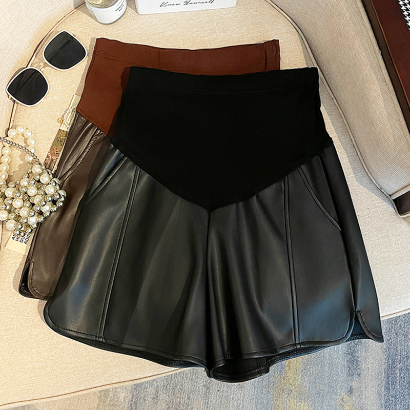Maternity Leather Pants for Autumn and Winter, Casual Black Pu Split-Leg Spring and Autumn Maternity Wide-Leg Shorts, A-Line Belly-Support Leggings Maternity Leather Pants for Autumn and Winter, Casual Black Pu Split-Leg Spring and Autumn Maternity Wide-Leg Shorts, A-Line Belly-Support Leggings