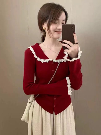 粉色针织开衫女娃娃领春秋冬内搭2025新款花边高级感毛衣打底上衣