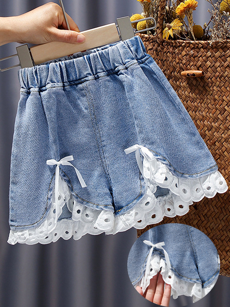 女の子用デニムショートパンツ、夏服、ハイウエスト、薄手パンツ、ベビーガール用ホットパンツ、多用途でスタイリッシュな女の子用スカートパンツ