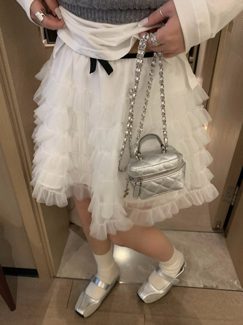 Ruffled Cake Gauze Skirt Girly Bow Puffy Mesh Skirt 2025 Spring New Sweet Multi-layered Skirt