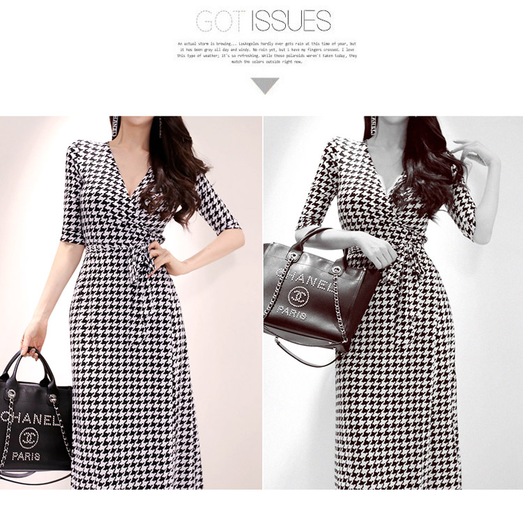 Thời trang nữ bầu không khí khí chất váy 2019 phụ nữ mới cơ thể giảm béo houndstooth váy nữ mùa hè - Váy eo cao váy body