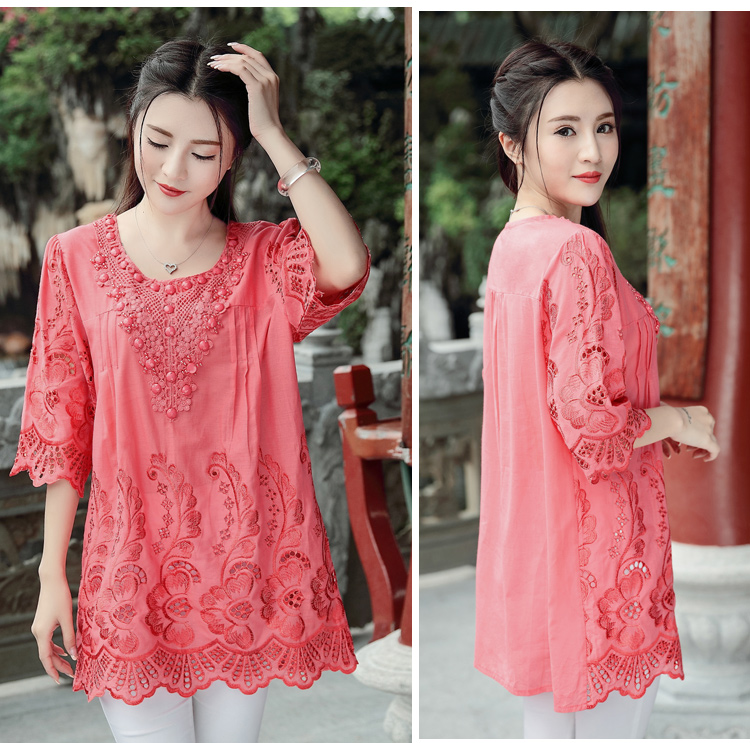 Summer New Retro Chinese Wind Embroidery Women Blouse Hollow Out Round Neck Plus Size Art Blouse Shirt Top Blusas 782F 30 (Us 14-18W)
