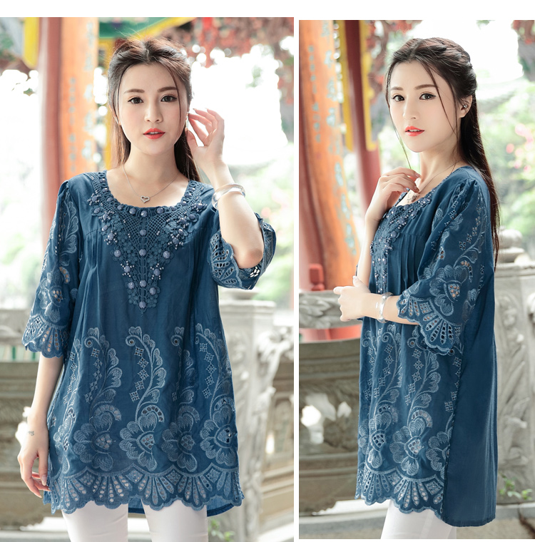 Summer New Retro Chinese Wind Embroidery Women Blouse Hollow Out Round Neck Plus Size Art Blouse Shirt Top Blusas 782F 30 (Us 14-18W)