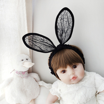 Black lace three-dimensional rabbit ear headgear super cute baby hair belt Princess one year old baby girl pink hair accessories