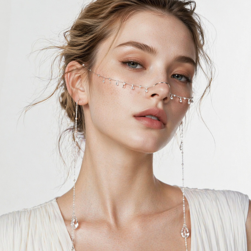 European and American Style Niche Water Drop Rhinestone Face Chain, Personalized and Creative Non-Pierced Nose Chain, Integrated Chain, Stage Party Atmosphere Face Accessory European and American Style Niche Water Drop Rhinestone Face Chain, Personalized and Creative Non-Pierced Nose Chain, Integrated Chain, Stage Party Atmosphere Face Accessory