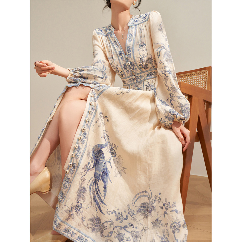 Flowing Era Seaside Resort Style V-Neck Lantern Sleeve Long Dress French Style Slimming Printed Waist Dress for Women