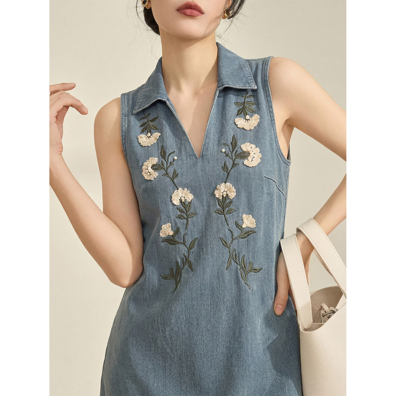 Flowing Era Summer Ruffled Patchwork Tank Dress French Embroidered Sleeveless Denim Dress Women's Clothing Flowing Era Summer Ruffled Patchwork Tank Dress French Embroidered Sleeveless Denim Dress Women's Clothing