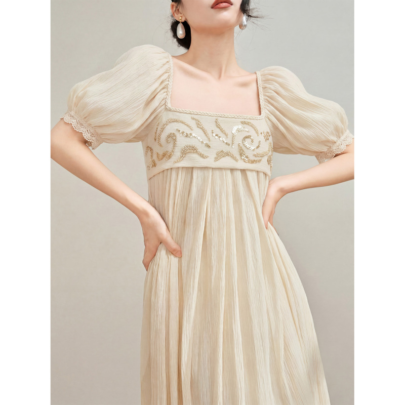 Flowing Era French Textured Long Skirt with Sequin Embroider Square Neck Puff Sleeves Short-Sleeved Dress for Women Summer