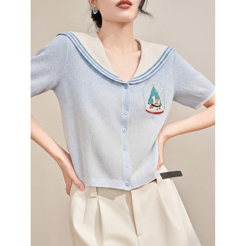 Flowing Era High-End Chic Unique Top Navy Collar Embroidered Gradient Knit Short-Sleeve T-Shirt for Women Summer Flowing Era High-End Chic Unique Top Navy Collar Embroidered Gradient Knit Short-Sleeve T-Shirt for Women Summer