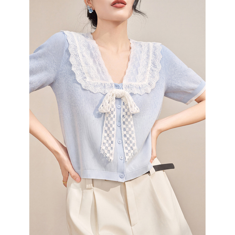 Flowing Era Summer Gorgeous Knit Short-Sleeve Top with Lace Splicing and Bow, Regular Shoulder T-Shirt for Women
