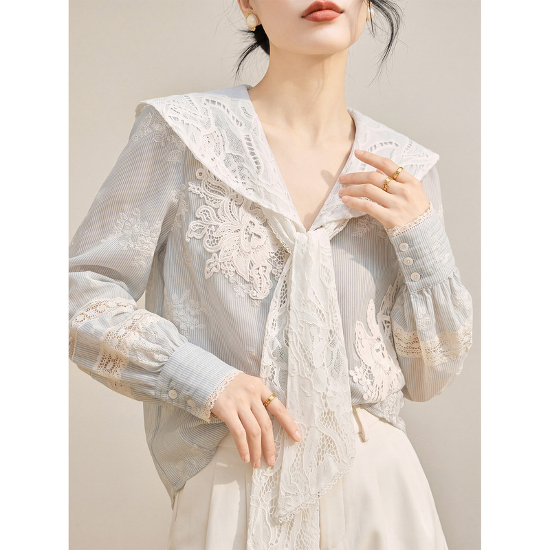 Flowing Era French-Style Elegant Blouse for Women with Navy Collar, Lace Embroidery, and Patchwork Long Sleeves for Early Autumn Flowing Era French-Style Elegant Blouse for Women with Navy Collar, Lace Embroidery, and Patchwork Long Sleeves for Early Autumn