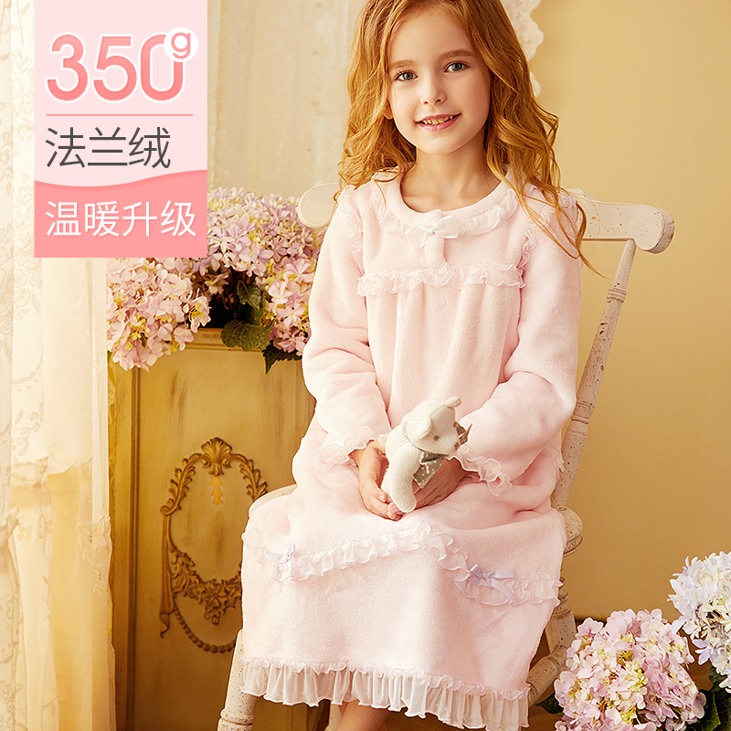 RoseTree children's nightdress female autumn and winter flannel baby girl princess pajamas coral fleece thickened and warm