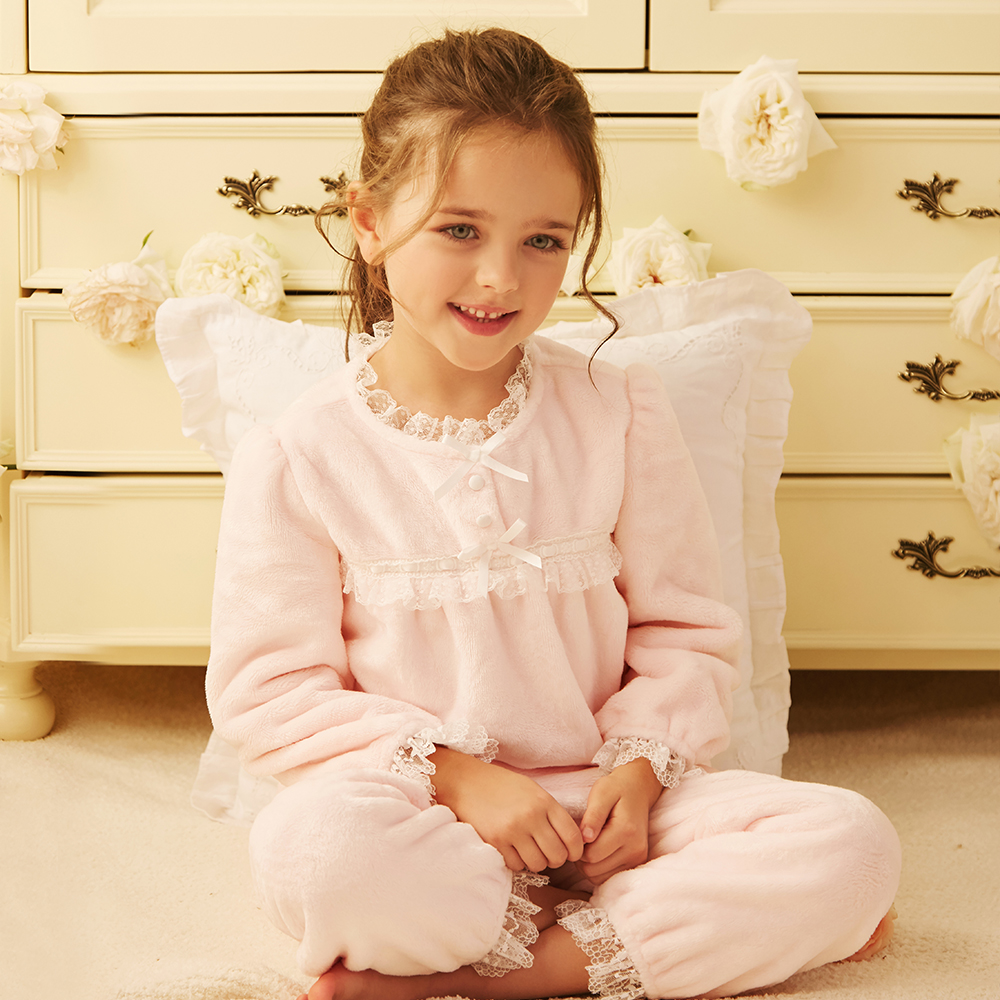 RoseTree girls' flannel pajamas autumn and winter thickened and warm children's coral fleece suit baby home clothes