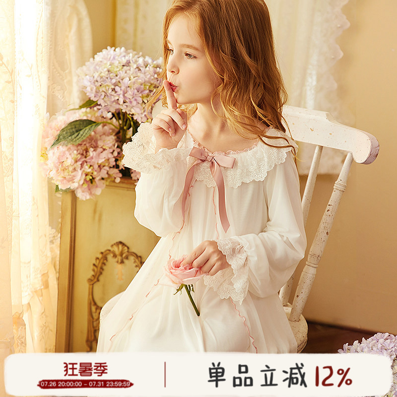 Rosetree Girls' Nightgown Spring & Fall Princess Thin Style Cute Baby Palace Girl Long-Sleeved Kidsren's Sweet Pajamas
