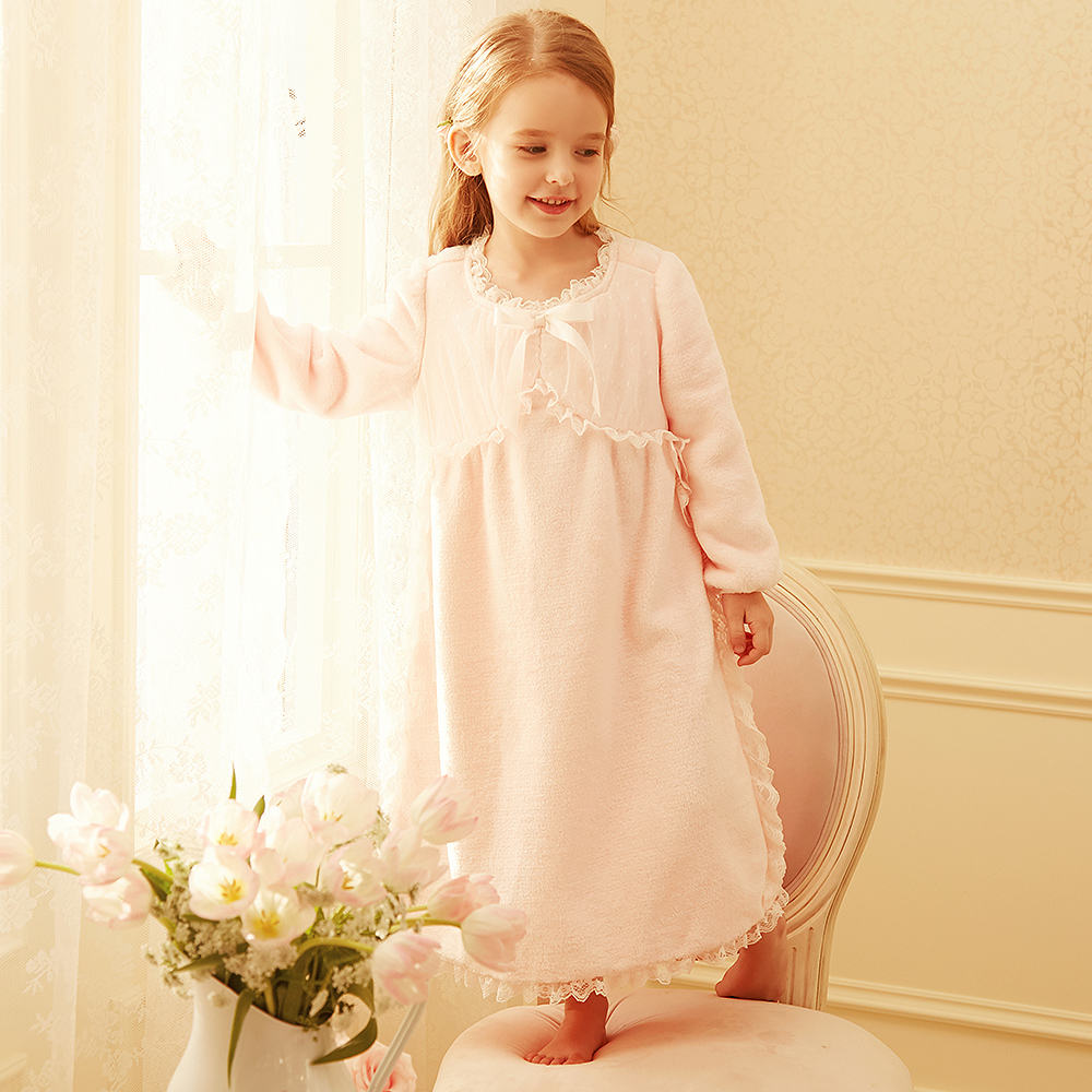 RoseTree girls' nightdress princess wind autumn and winter coral fleece thickened warm children's flannel baby pajamas