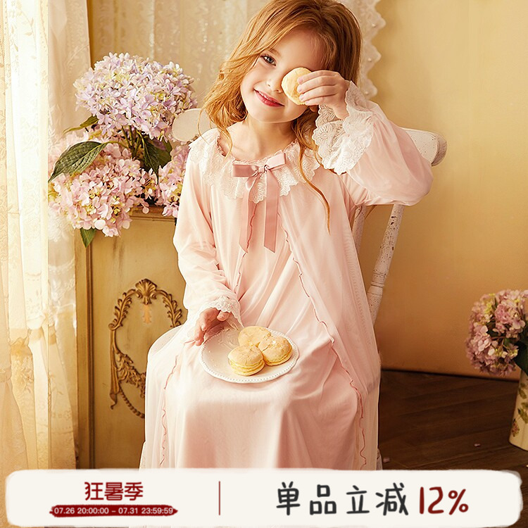 Rosetree Girls' Princess Nightgown Long-Sleeved Spring & Fall Kidsren's Lace Palace Baby Girl Family Ice Silk Pajamas