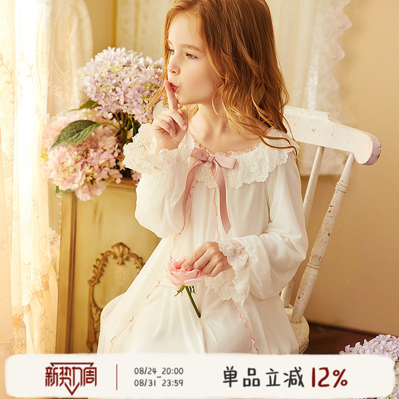 Rosetree Girls' Nightgown Spring & Fall Princess Thin Style Cute Baby Palace Girl Long-Sleeved Kidsren's Sweet Pajamas