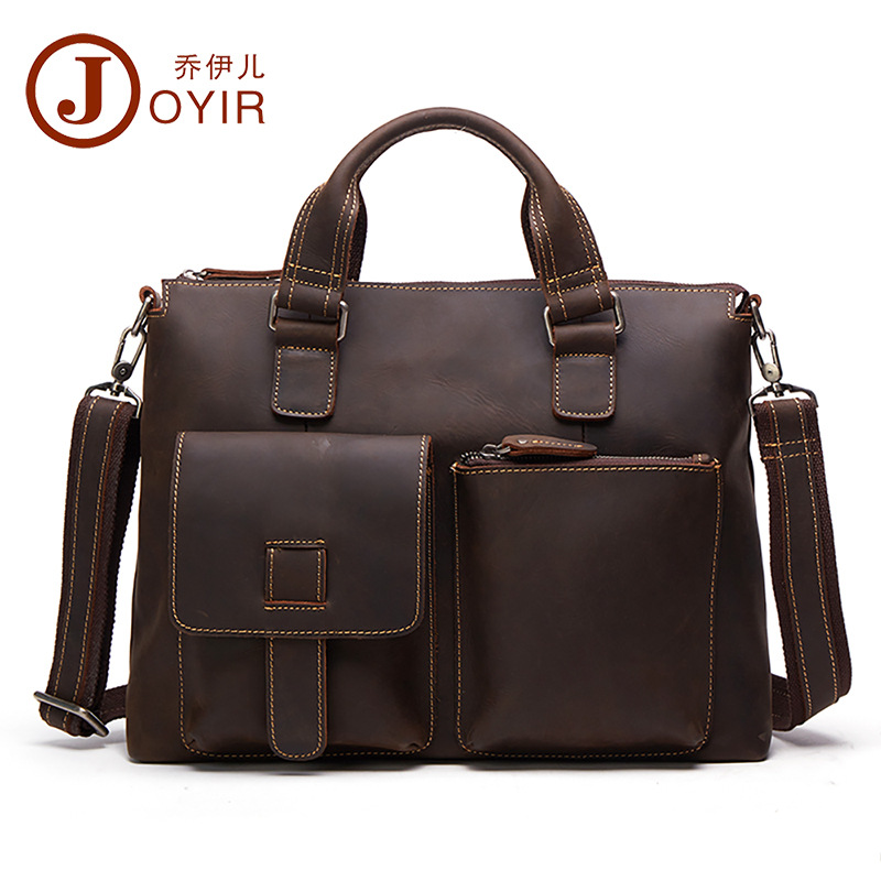 Men's bag shoulder bag genuine leather retro crazy horse leather handbag men's horizontal top layer cowhide laptop bag 14 inch