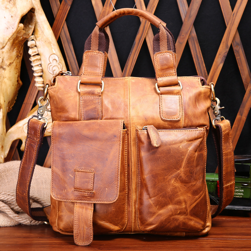 Men's retro first layer cowhide handbag genuine leather messenger bag crazy horse leather men's bag shoulder bag vertical diagonal bag soft