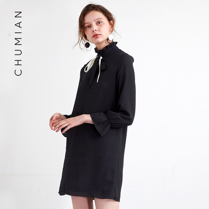 E初棉2018新款女士H型木耳边领口连衣裙 长袖