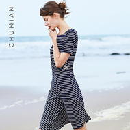 Đầu cotton 2018 mùa hè mới sọc đen và trắng sọc ngắn tay đầm nữ mùa hè sọc trật khớp trong váy dài nữ