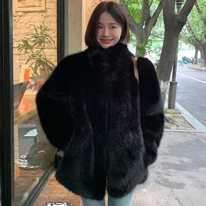 Imitation Fox Fur Black Fur Coat for Women, New Winter Style, Stand-Up Collar, Eco-Friendly Fur, High-End Feel, Mid-Length Coat