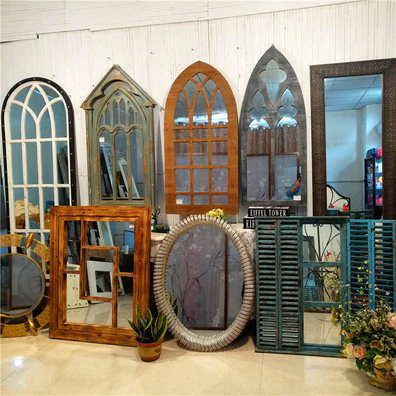 American European retro solid wood wrought iron makeup wall special-shaped mirror hotel homestay full-body mirror dressing decorative mirror