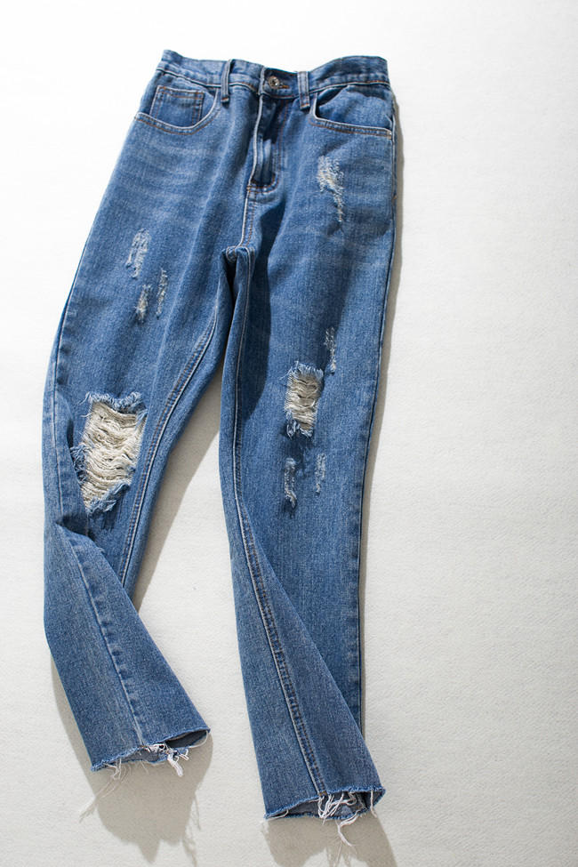 Bộ ria mép mới của Hàn Quốc 2108 Phụ nữ mới mặc bị hỏng 9 điểm denim jeans BF thẳng quần baggy jean nữ