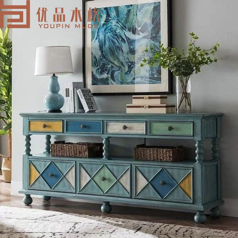 American style solid wood sideboard European style retro contrast color wine bowl locker tea Mediterranean living room porch cabinet