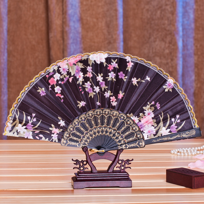 Chinese style folding fan Square dancing fan Ladies lace silk cloth dance fan Plastic fan performance catwalk props