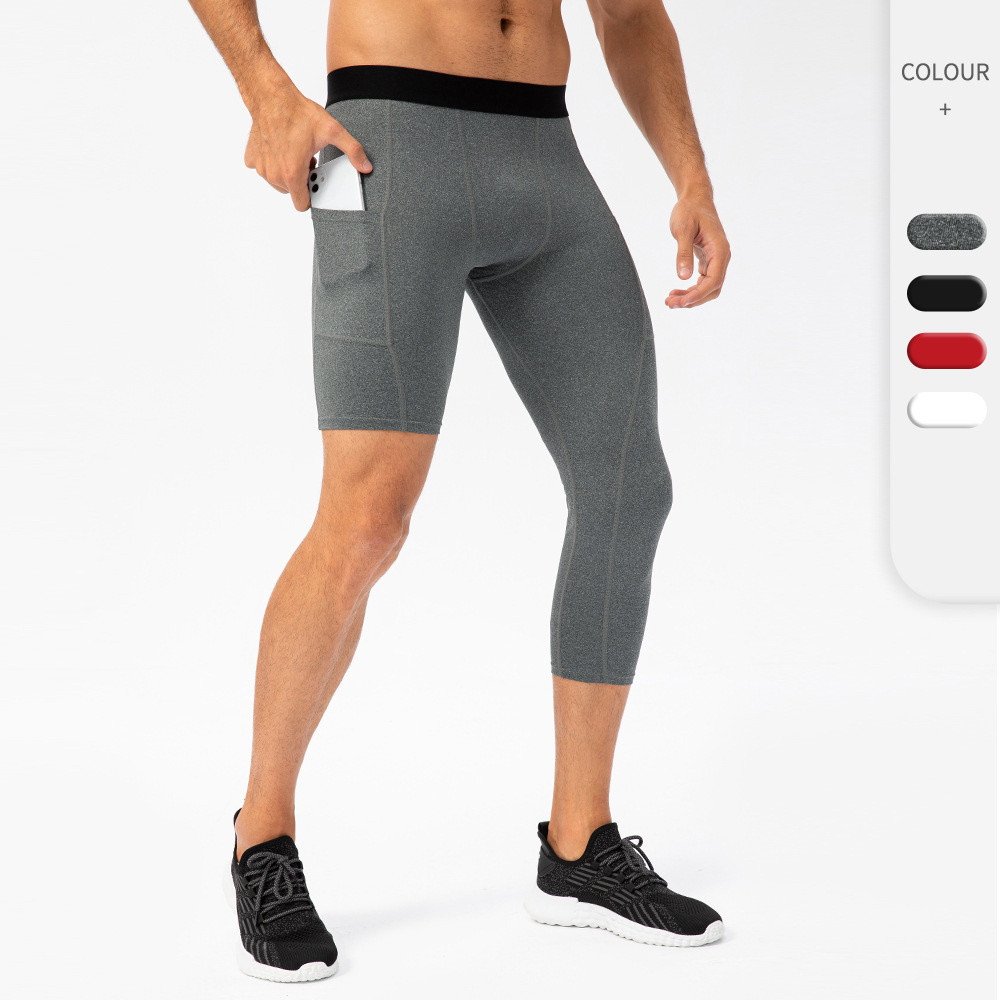 Male Tight Single Leg Fitness Pants Pocket Length Foot Basketball Training Running Inner Lap Pants Speed Dry 70% Sports Pants