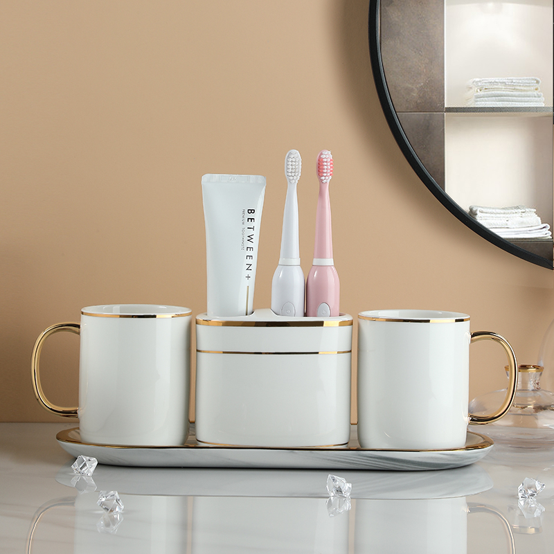 Toiletry set four-piece set Nordic light luxury bathroom bathroom ornaments dental accessories cup ceramic white mouthwash cup combination