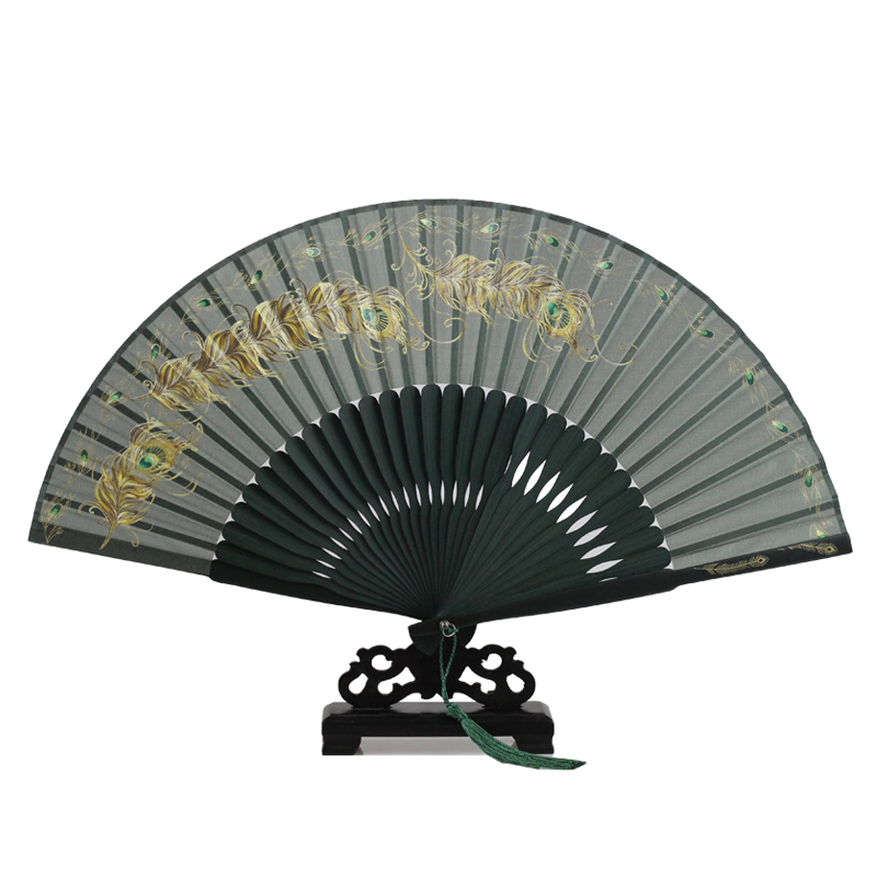 Phoenix Tail Folding Fan Women's Style Chinese Style Peacock Feather Bronzing 7 Inch Retro Summer Portable Folding Dance Fan