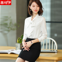 Early autumn top womens white shirt womens Han Fan autumn long sleeve bow shirt womens striped shirt womens 2018 new