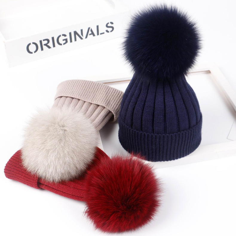 Children's hat winter warm fox fur ball wool hat Korean version baby boys and girls baby knitted hat trendy