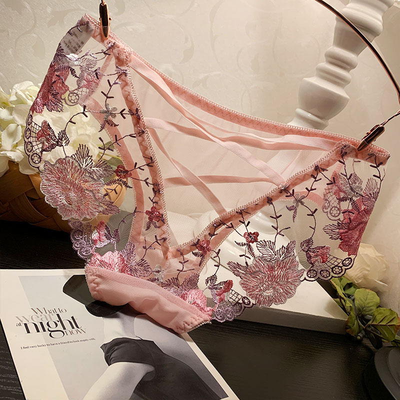 Embroidered flower sexy web yarn lace underpants lady mid-waist rear hollowed-out strap transparent clairvoyant triangle pants