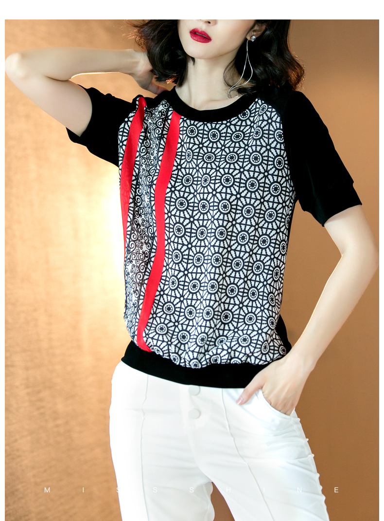 Mi Siyang 2018 mùa thu thời trang mới geometric silk in khâu vòng cổ năm điểm tay áo T-Shirt áo sơ mi nữ mùa hè áo phông nữ tay lỡ