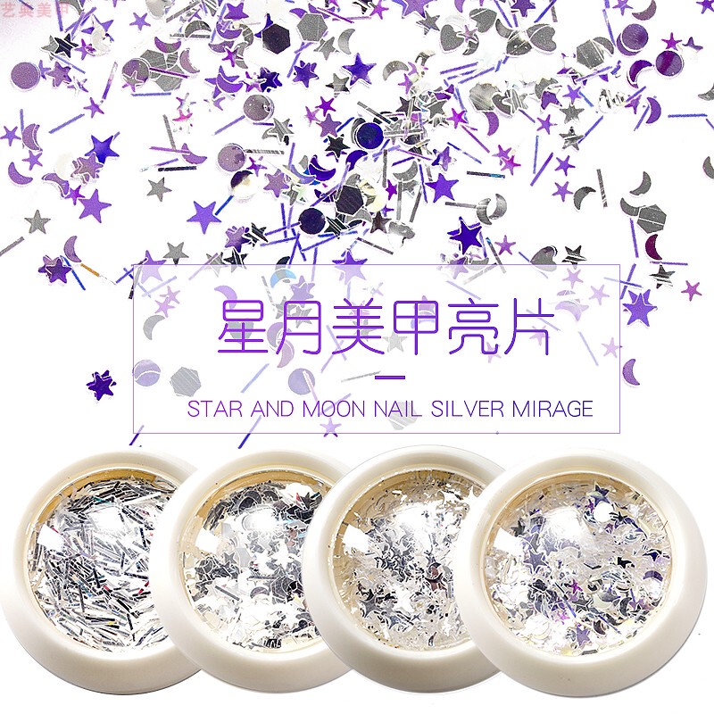 Internet Celebrity New Silver Star and Moon Five-Pointed Star Nail Art Accessories Super Shiny Nail Decoration Star Glitter Sequins Stickers