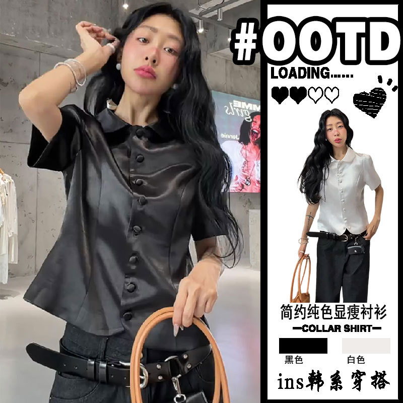 French Doll Collar Acetate Short-Sleeve Shirt for Women 2026 New Style Waist-Cinching Satin Shirt Cardigan Slimming Short Top